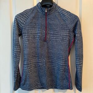 Fairway & Greene quarter-zip pullover, blue crocodile print with pink trim, Sz S